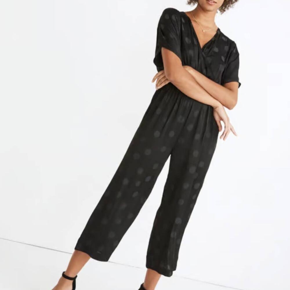 Madewell Polka Dot Satin Smocked Waist Jumpsuit Womne's Small Black